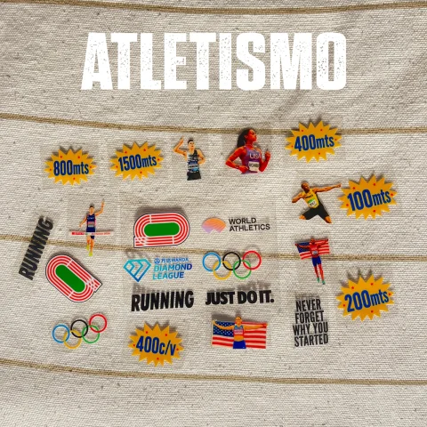 Plancha de stickers de atletismo con corredores, pistas, anillos olímpicos y distancias de carrera